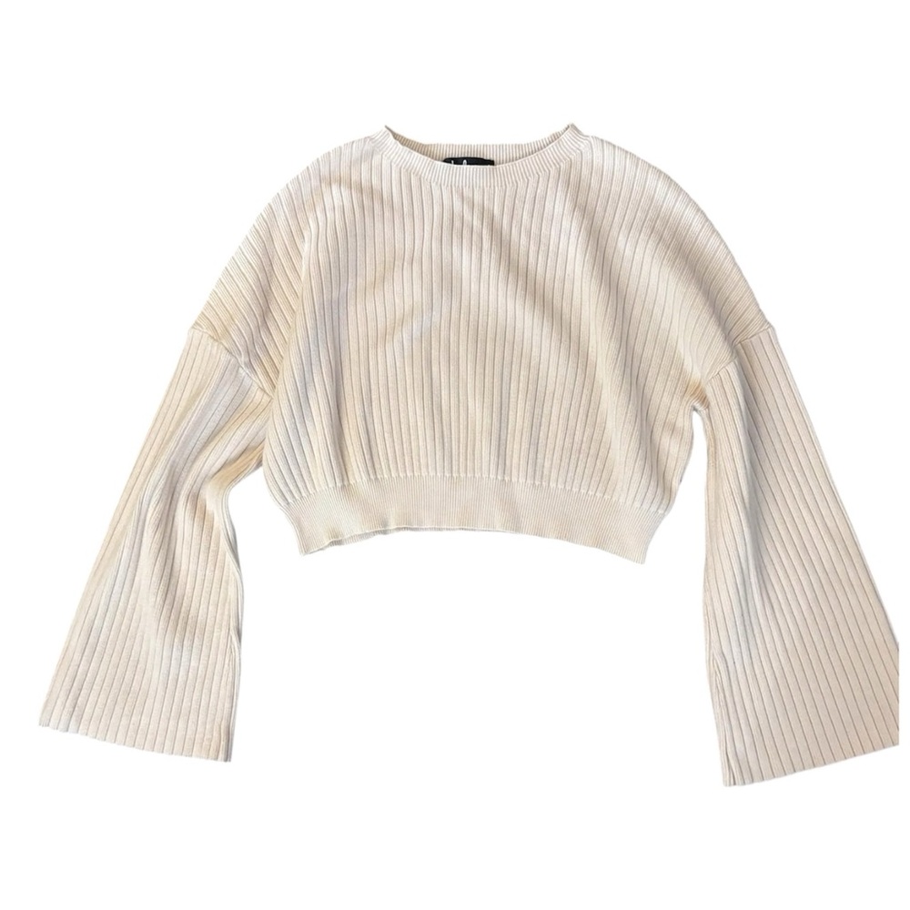 Lulus xL Cream Ribbed Cropped Crewneck Bell Sleeve Sweater